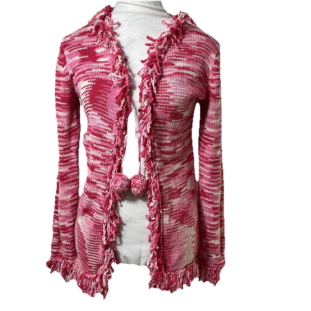 Girls XL (16) Pink Open Knit Cardigan Girls Long Sweater Fringe Pom Pom Tie EUC